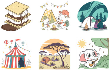Camping Bundle. Smiling Young Man Camping Collection Illustrations