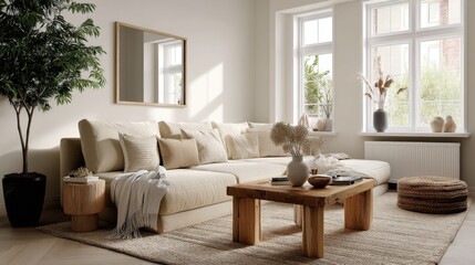 A minimalist living room with a large couch, a coffee table, a rug, a plant, and two large windows. The room is decorated in a neutral color palette with natural textures.