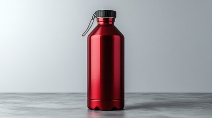 Obraz premium A reusable aluminum water bottle with a bold red finish and a carabiner clip, shown in a front view on a clear background