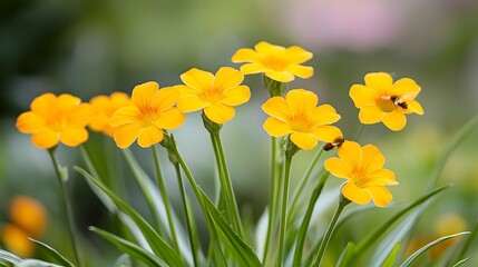 Fototapeta premium Closeup of bright lush yellow wildflowers blossoming amidst a verdant natural environment