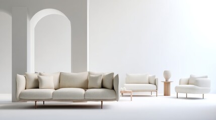 Modern living room with stylish furniture. The scene features comfortable sofas and chairs in a minimalist setting