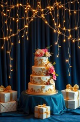 Tiered Birthday Cake with String Lights and Gifts on Navy Background