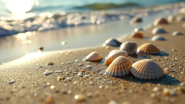 Seashells on sand for beach, travel, or summer branding. Sunlit shells resting on smooth sand by the sea, perfect for vacation, nature, or coastal lifestyle.
