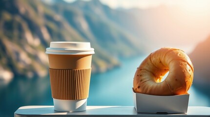 paper cup of coffee with bagel on the fjord