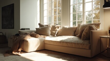 A spacious living room with comfortable sofa bathed in natural light from a large window. Soft pillows and a cozy blanket add to the inviting atmosphere