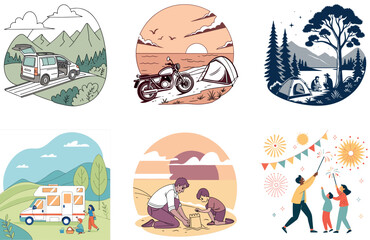 Camping Bundle. Laptop and Water Bottle Study Collection Illustrations