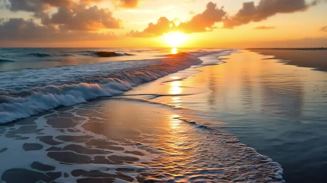 Dramatic beach sunset with golden reflections on wet sand and gentle waves. Vibrant sky colors create serene atmosphere. Concept: Travel agencies, Resort hotels, Wedding venues