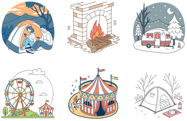 Camping Bundle. Nighttime Lit Circus Tent Collection Illustrations