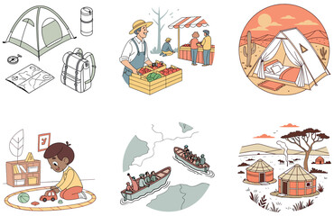 Camping Bundle. Vintage Circus Tent Collection Illustrations