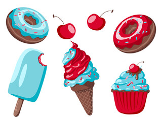 Dessert set, ice cream, donuts, cherry, cupcake, sweet, illustration, artwork, art, isolated, transperent