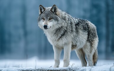 Obraz premium Majestic Grey and White Wolf Standing in Snow – Full Body Wildlife Photography in Winter Wilderness