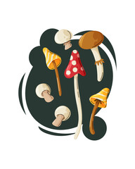 Cartoon vector illustration of vibrant mushrooms on a dark abstract background. Bright, playful, and perfect for food or farm-themed designs.