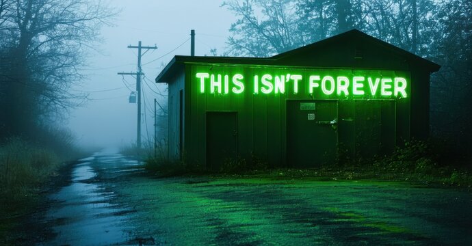 Naklejki Glowing green and gold neon this isn t forever in bold letters on small utility shed near lonely road fog wrapping trees around