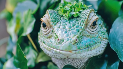 Fototapeta premium Close-up of a vibrant green iguana's head.