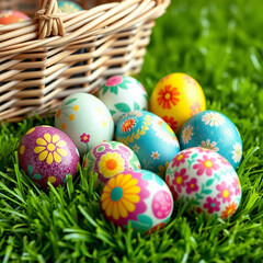 Colorful decorated eggs arranged on green grass near a wicker basket with fairy lights during a festive spring celebration