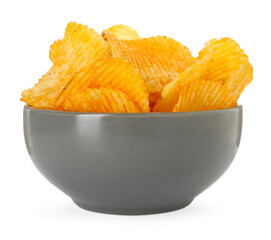 Tasty ridged chips in bowl isolated on white