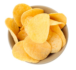 Tasty chips in bowl isolated on white, top view