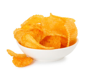 Tasty ridged chips in bowl isolated on white