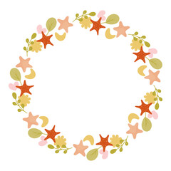 Circular floral Wreath with leaves and stars. Drawing of round frame for childish greeting cards, wedding invitations. Botanical Wreath for cards, designs, invitations, logos