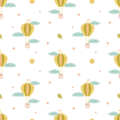 Wanddecoratie Luchtballon Seamless pattern with air balloons, cloud, flowers, leaves. Pattern for baby shower decor, nursery print, kids apparel, wrapping paper, fabric, and textile. Vector illustration  © VasilisaStArt