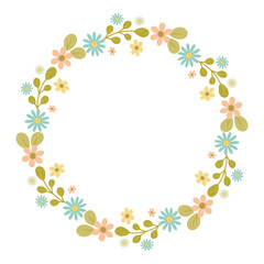 Fototapeta premium Circular floral Wreath with leaves and flowers. Drawing of round frame for childish greeting cards, wedding invitations. Botanical Wreath for cards, designs, invitations, logos