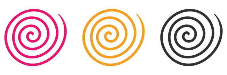 Spiral swirl line snail shape icon simple graphic illustration set, red yellow black  whirl twist stroke symbol, circle whirl twist stroke linear decoration design, vector illustration.  