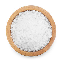 Salt in bowl isolated on white, top view