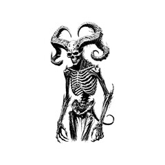 Intricate illustration of a skeletal figure with horns and a tail