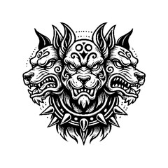 Intricate black and white illustration of a three-headed dog with tribal elements