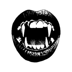 Bold black and white illustration of vampire teeth in an open mouth