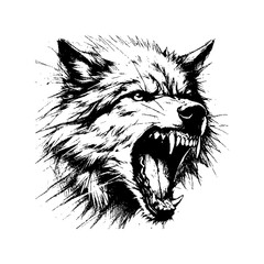 Black and white illustration of a fierce wolf's head with snarling expression