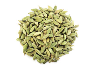 Pile of dry cardamon seeds isolated on white, top view