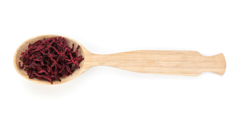 Dried beetroots in wooden spoon isolated on white, top view
