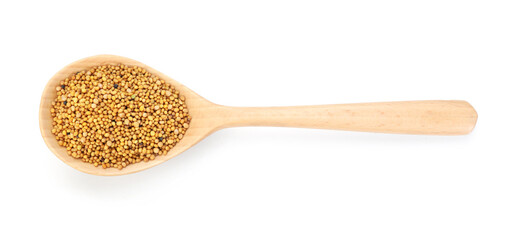 Aromatic mustard seeds in wooden spoon isolated on white, top view