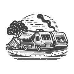 Simple Campground with RVs Parked Vector Design – Vintage Logo & Retro Illustration