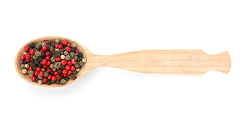 Aromatic peppercorns in wooden spoon isolated on white, top view