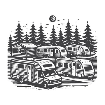 Simple Campground with RVs Parked Vector Design &ndash; Vintage Logo & Retro Illustration