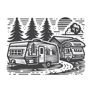Simple Campground with RVs Parked Vector Design &ndash; Vintage Logo & Retro Illustration