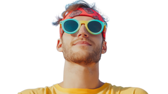 Young man with bandana and colorful sunglasses, fun and free summer vibe, sharp detail png - Powered by Adobe