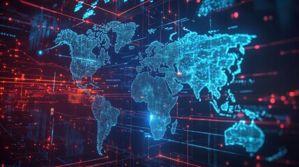 Obraz premium World Map with Turquoise and Red Digital Network