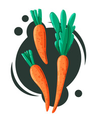 Cartoon vector illustration of vibrant carrots with green tops on a dark abstract background. Bright, playful, and perfect for food or farm-themed designs.