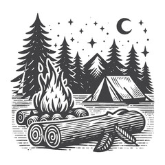 Simple Campground with Campfire Burning Vector Design – Vintage Logo & Retro Illustration