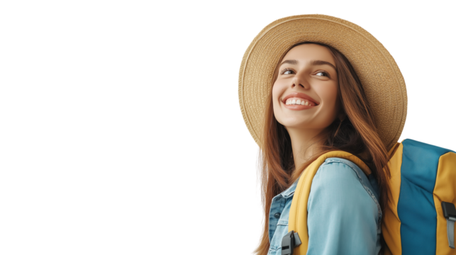 Traveler woman with mini backpack straps, straw hat tilted, smiling toward the sun, studio look, white background 