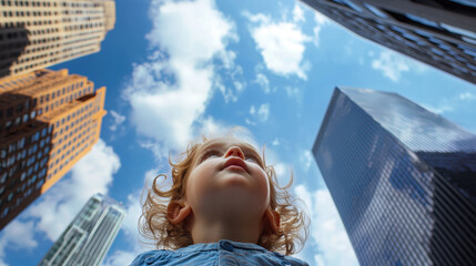 Ultra wide angle portrait of a child looking up at tall buildings, perspective emphasizing scale