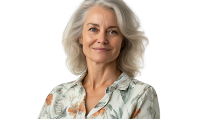Elderly woman in light cotton blouse with beachy pattern, serene expression, soft lighting, isolated on white