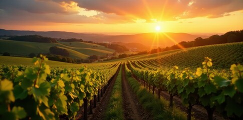 Fototapeta premium Golden hour light bathes rolling Bordeaux vineyards at sunset , wine country, agriculture