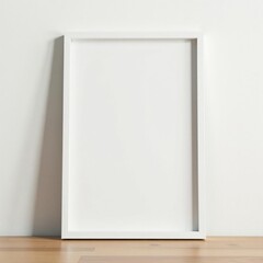 Crisp white wooden photo frame against pure white wall , photo frame, frame template, wooden