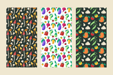 Cartoon vector seamless patterns of vibrant vegetables. Bright, playful, and perfect for food or farm-themed designs.