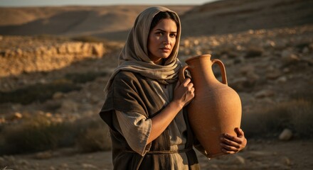 Woman holding ceramic jar with desert landscape background. Samaritan woman from bible times concept for religion themed greeting card and scripture study visual aid.	