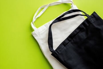 Eco-friendly shopping: reusable tote bags in black and white on a bright green background, promoting sustainability and style.